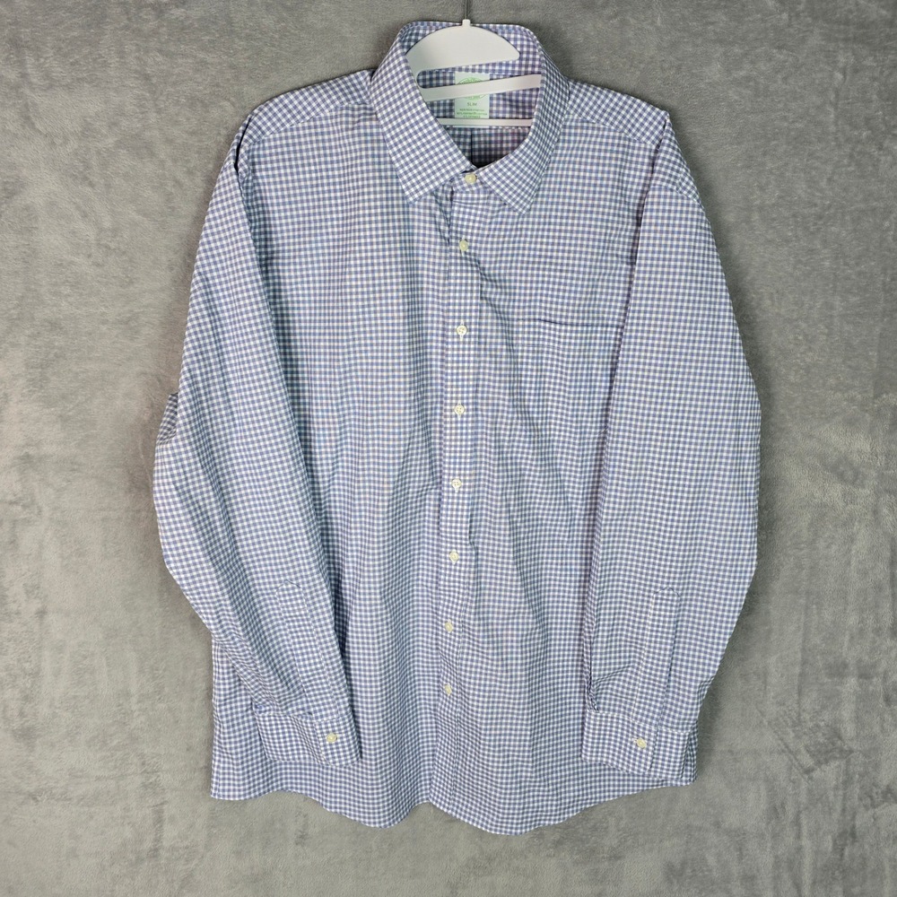 Brooks Brothers Mens Slim Fit Non-Iron Stretch Gingham Shirt Blue White 17-34